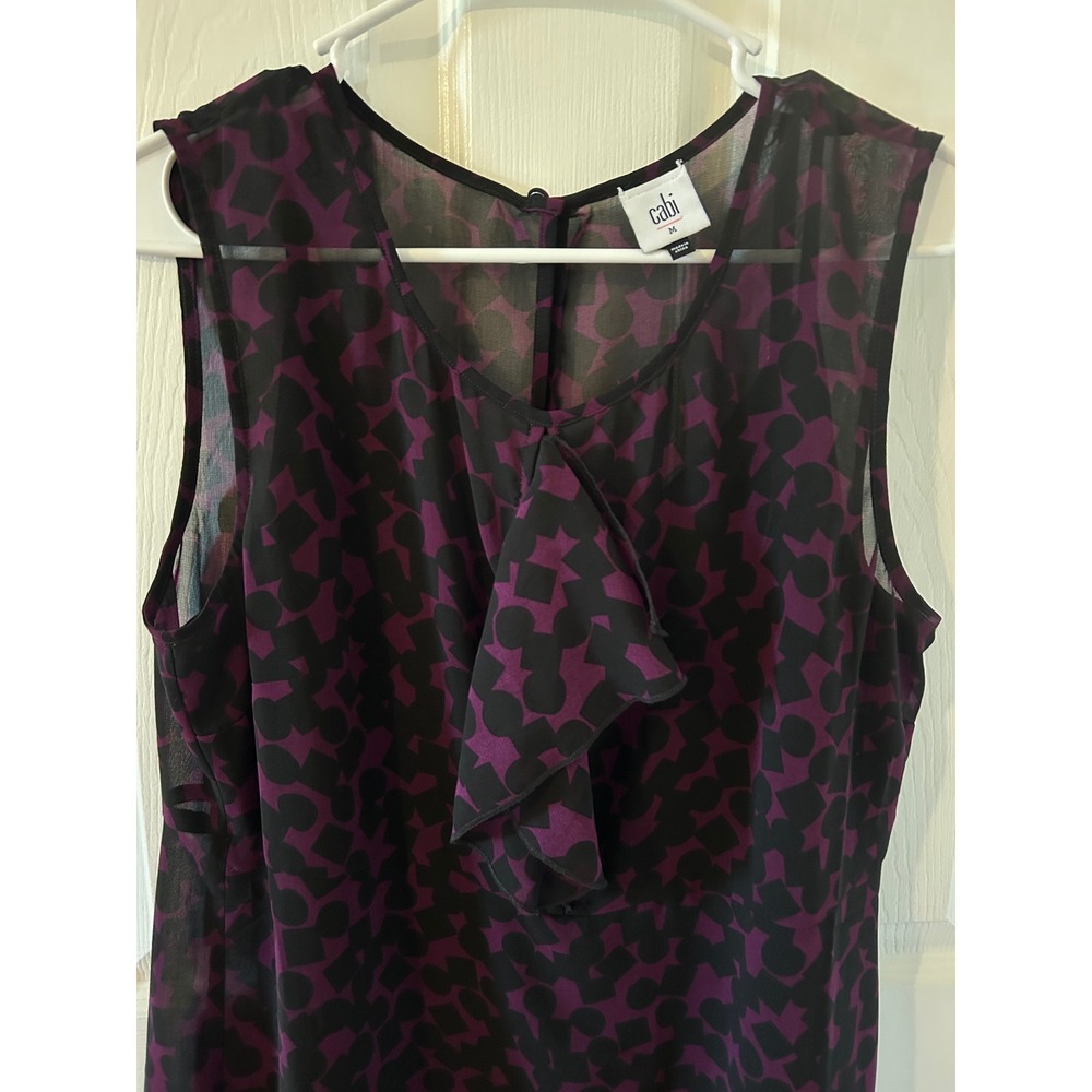 Cabi Purple Black Geometric Ruffle Sleeveless Shift Dress Style 3876 Medium